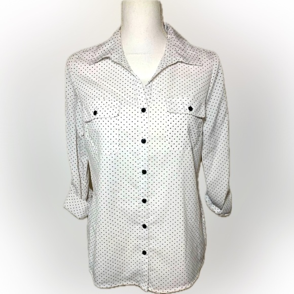 NWT NY Collection Polka Dot Button Down Roll Tab Long Sleeve Shirt Women PM - Picture 1 of 7